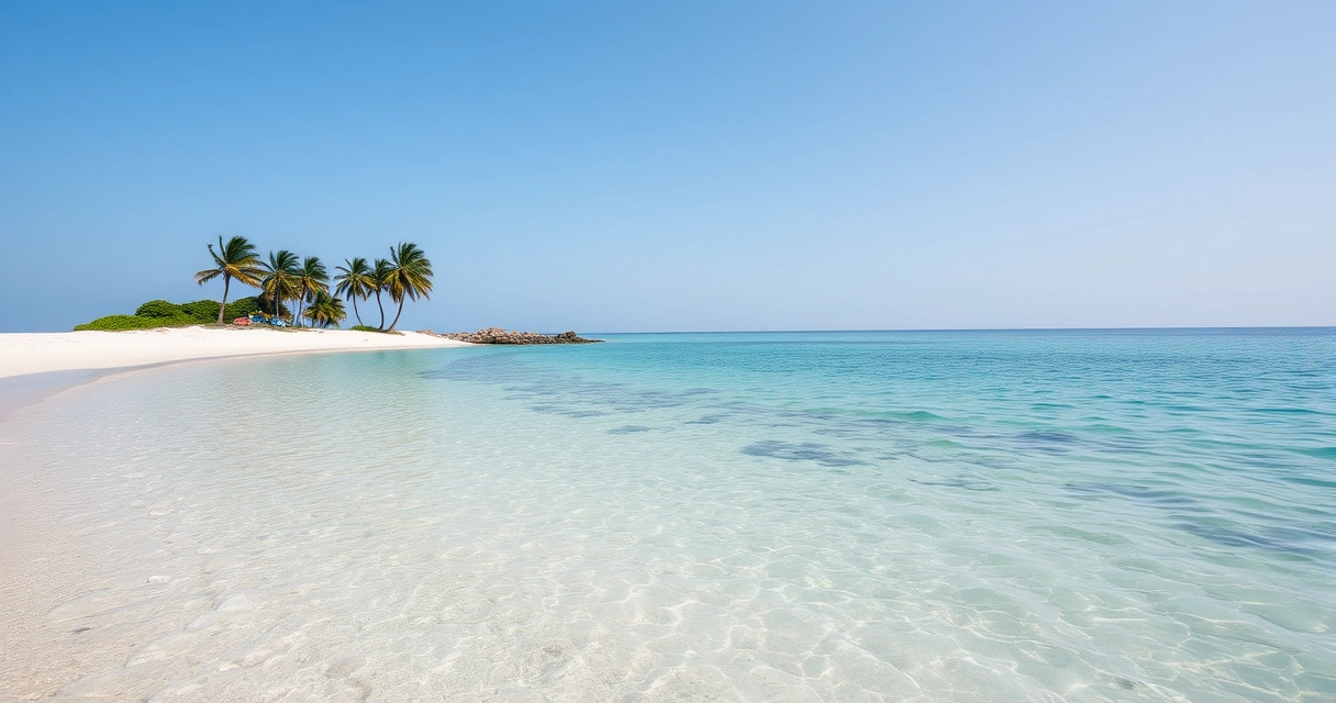 Praia tranquila com água clara e alguns coqueiros