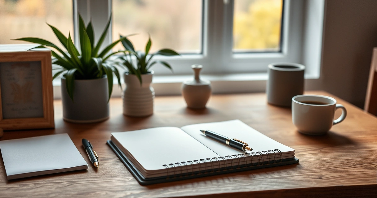 Escrivaninha organizada com caderno, caneta e xícara de café