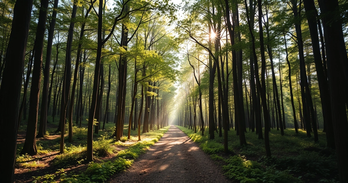Trilha na mata com a luz do sol atravessando as copas