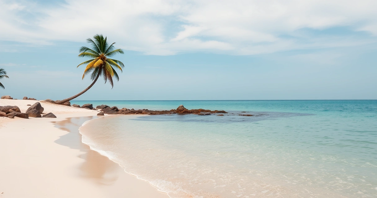 Praia tranquila com água clara e alguns coqueiros