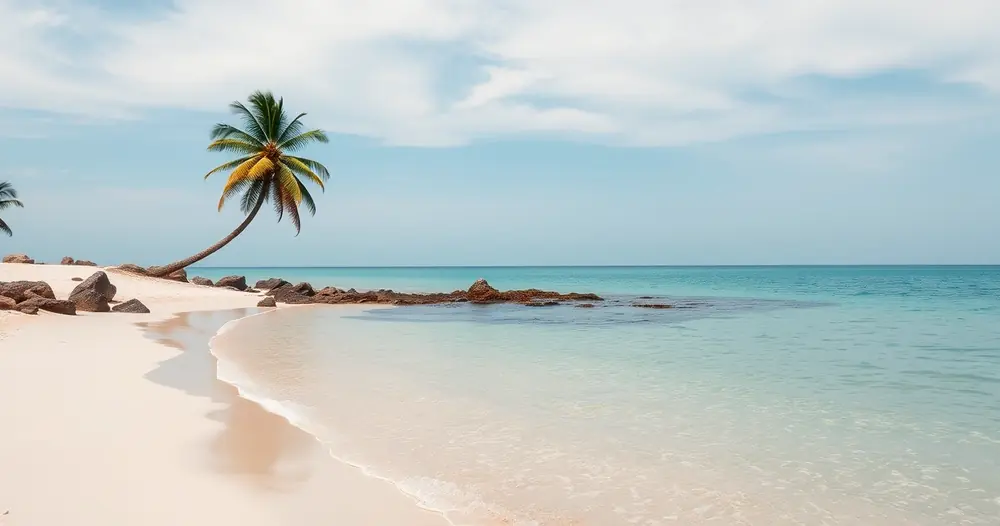 Praia tranquila com água clara e alguns coqueiros