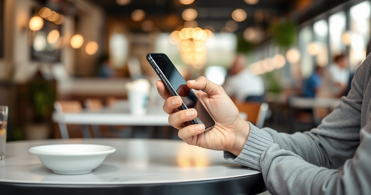 Pessoa segurando um celular na mesa de uma cafeteria