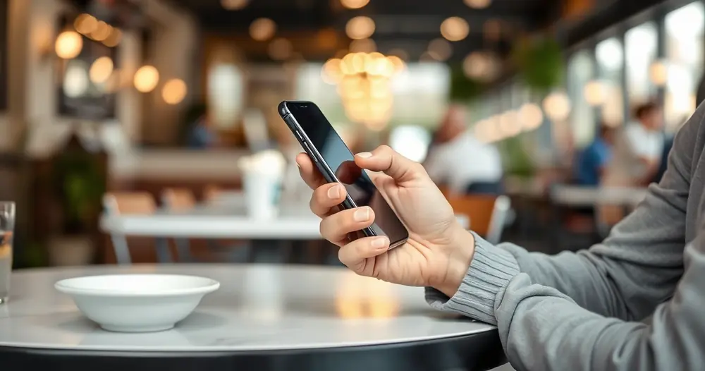 Pessoa segurando um celular na mesa de uma cafeteria