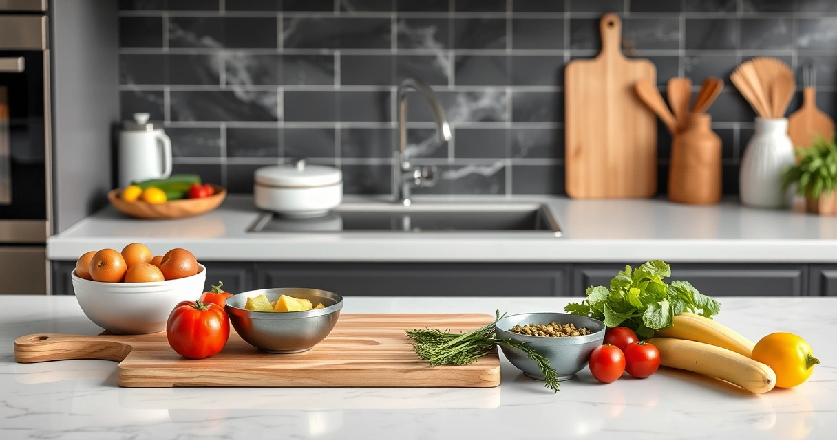 Bancada de cozinha com tábua, tigelas e legumes frescos