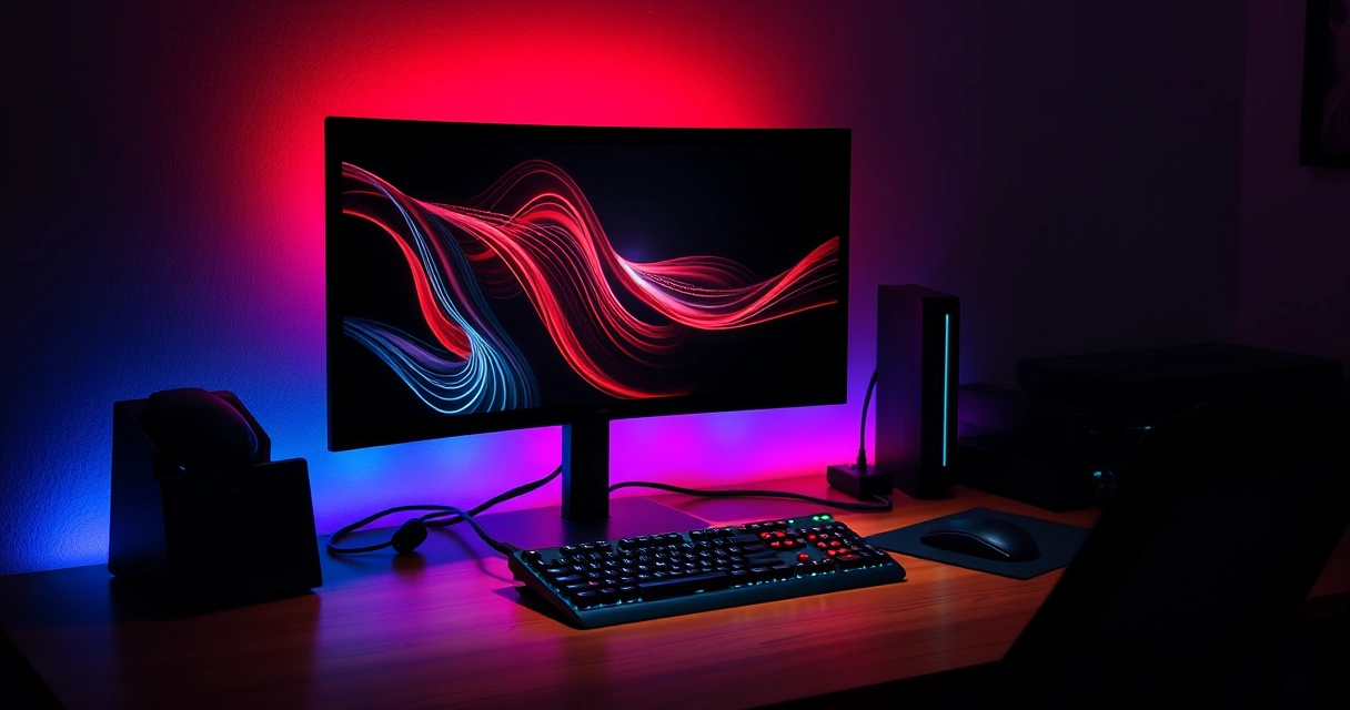 Mesa de jogo com monitor, teclado e iluminação colorida