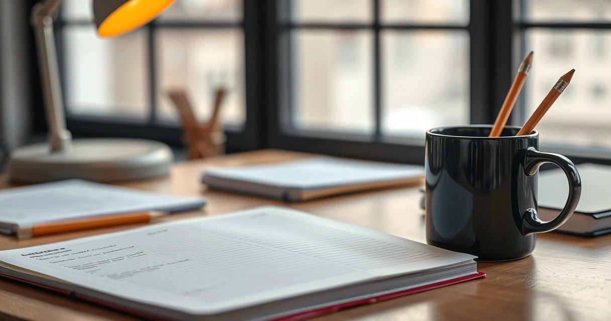 Caderno aberto, lápis e uma caneca sobre a mesa de estudo