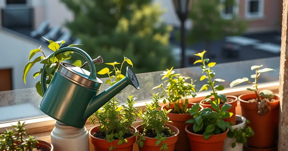 Plantas em vasos numa varanda, com um regador ao lado