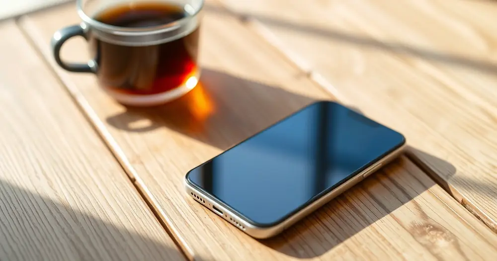 Celular sobre uma mesa de madeira, ao lado de uma xícara de café