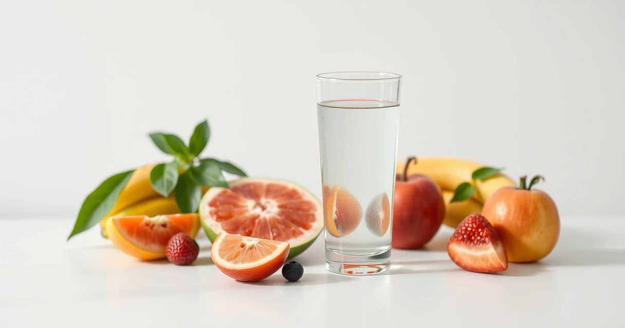 Copo de água e frutas frescas sobre uma mesa clara