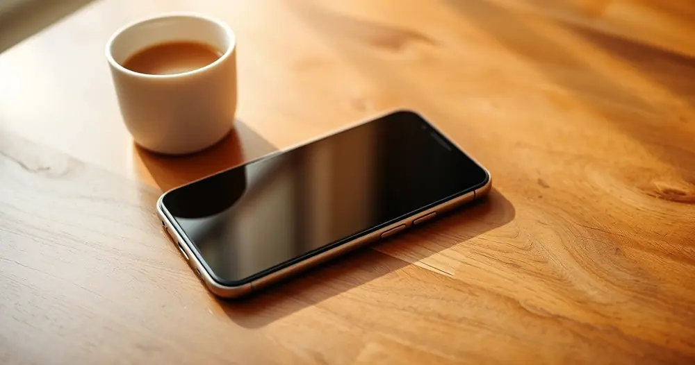 Celular sobre uma mesa de madeira, ao lado de uma xícara de café