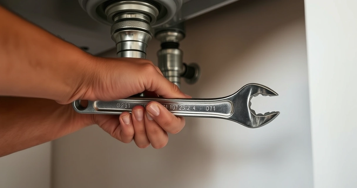 Mãos com uma chave inglesa trabalhando no cano de uma pia