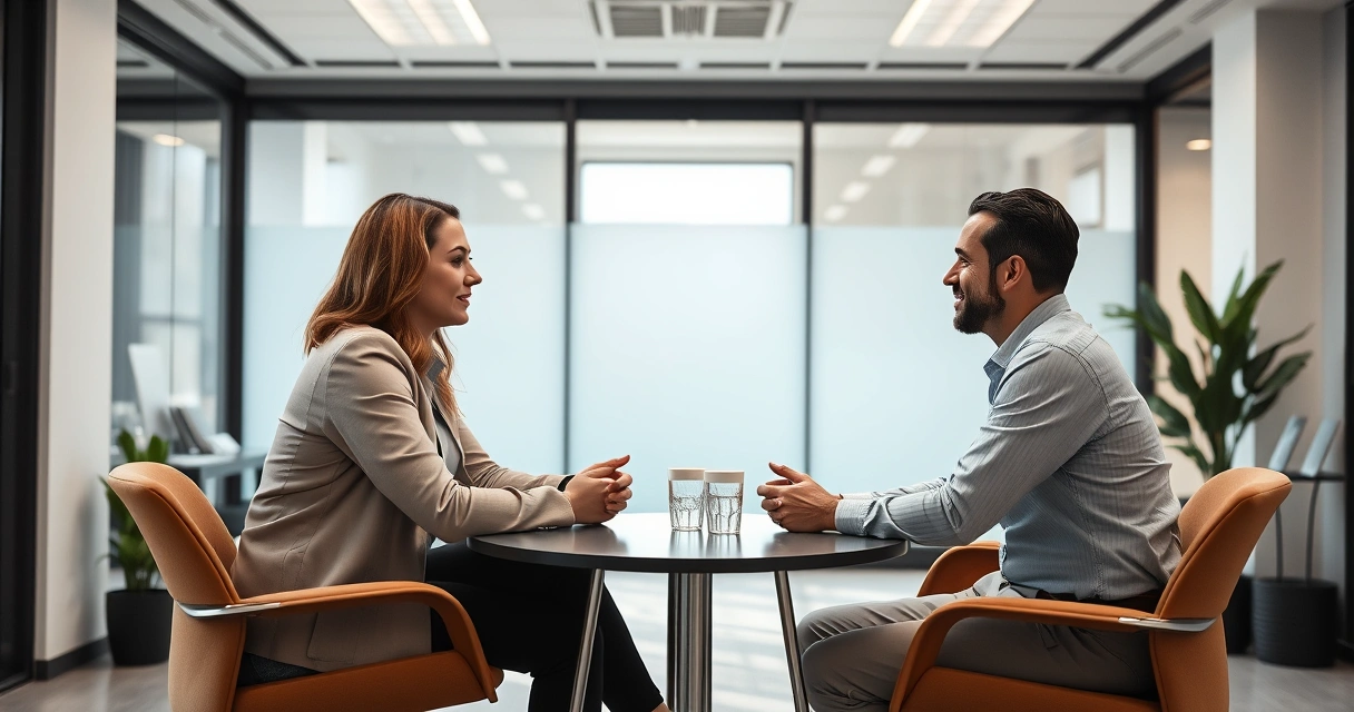Três pessoas conversando ao redor de uma mesa num escritório claro