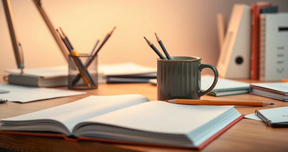 Caderno aberto, lápis e uma caneca sobre a mesa de estudo