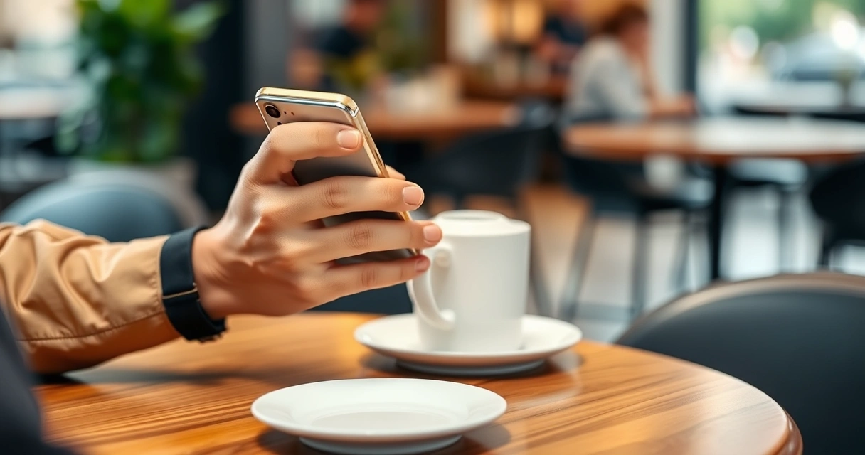 Pessoa segurando um celular na mesa de uma cafeteria