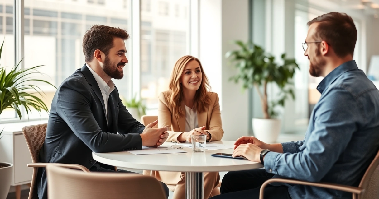 Três pessoas conversando ao redor de uma mesa num escritório claro