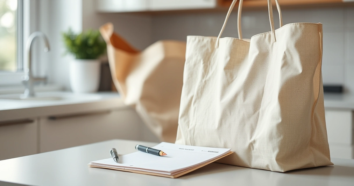 Lista de papel e caneta ao lado de uma sacola na bancada da cozinha