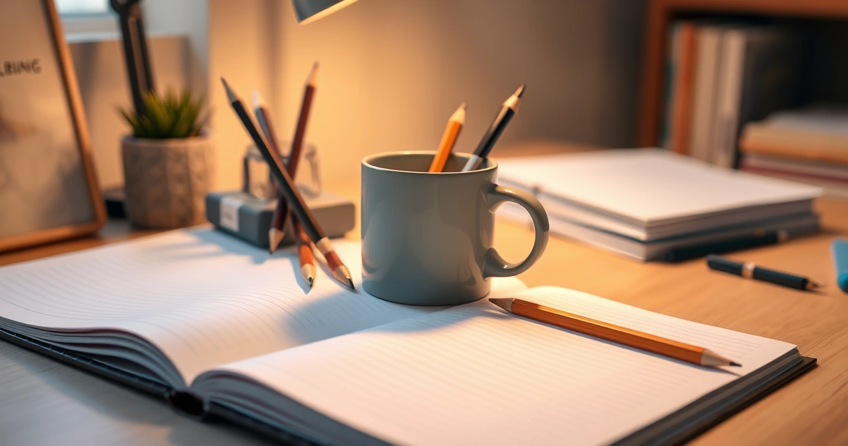 Caderno aberto, lápis e uma caneca sobre a mesa de estudo
