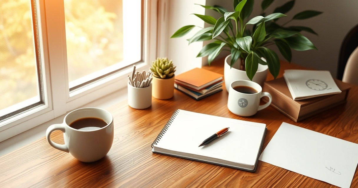 Escrivaninha organizada com caderno, caneta e xícara de café