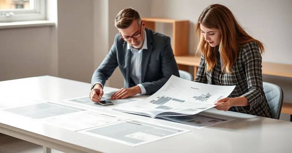 Duas pessoas analisando layouts impressos sobre uma mesa grande