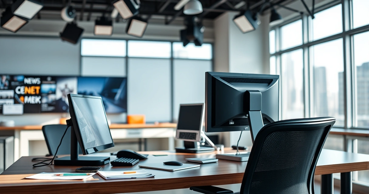 Mesa de redação com monitor e anotações, com luz do dia