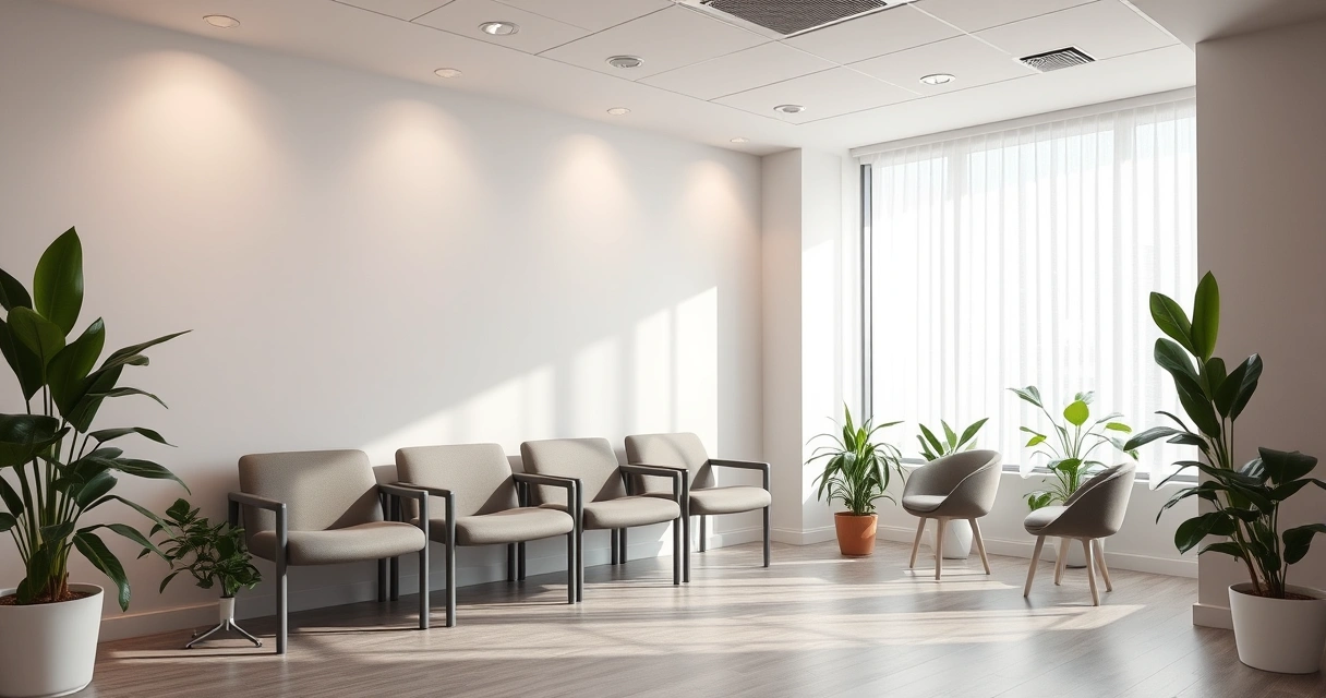 Sala de espera de consultório, com plantas e luz suave