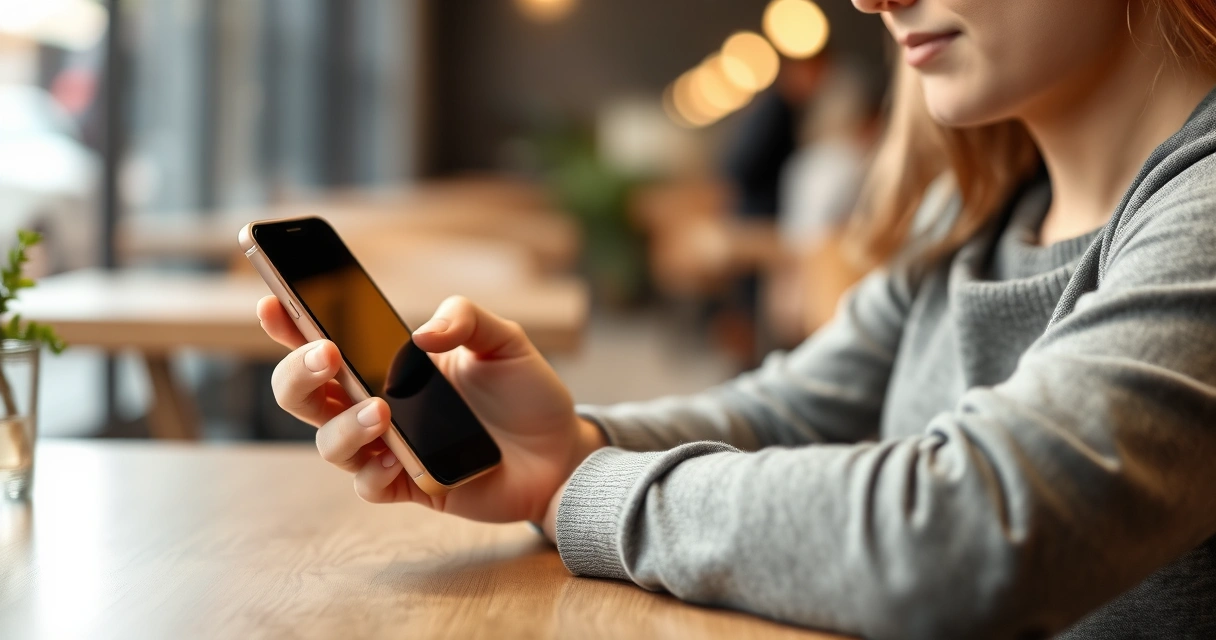 Pessoa segurando um celular na mesa de uma cafeteria