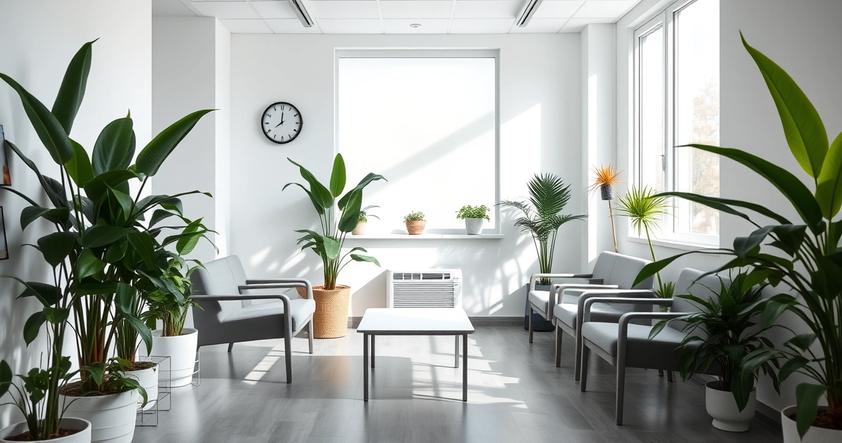 Sala de espera de consultório, com plantas e luz suave