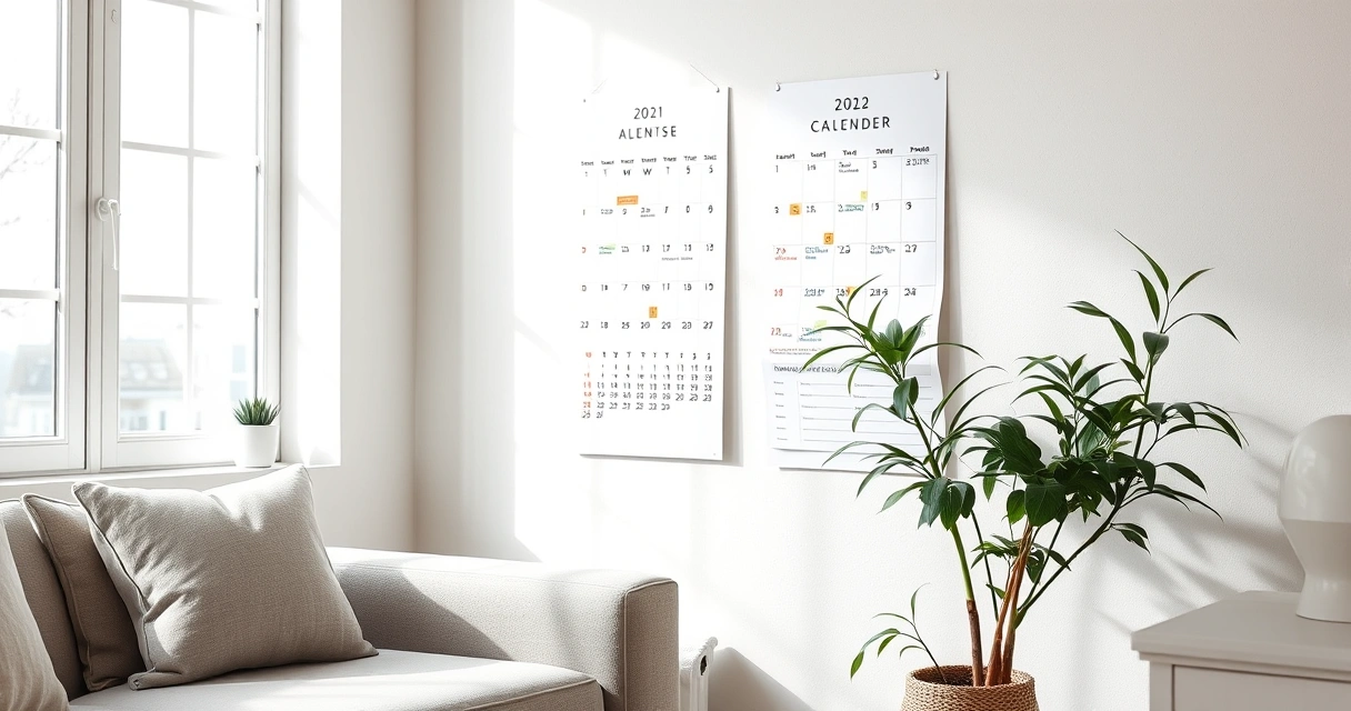 Calendário de parede e um vaso de planta no canto de uma sala