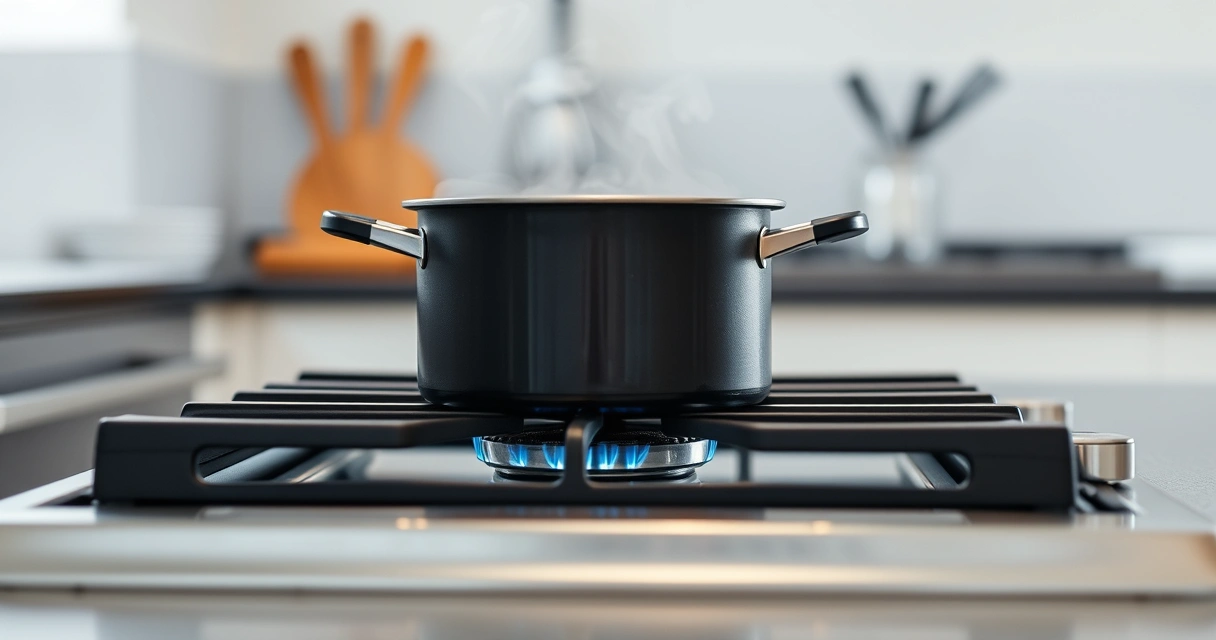 Panela sobre o fogão, com vapor subindo, e a bancada desfocada ao fundo