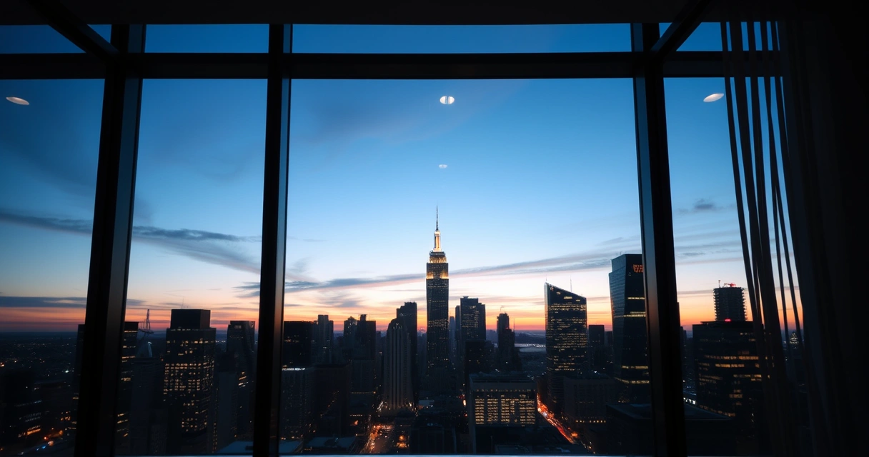 Janela de escritório com vista para a cidade ao anoitecer