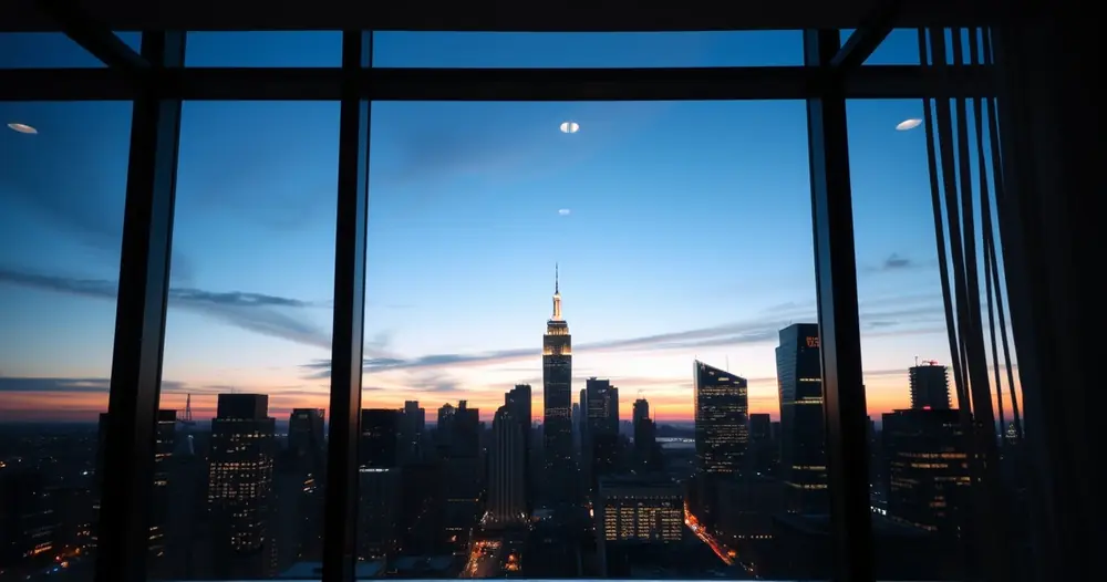 Janela de escritório com vista para a cidade ao anoitecer