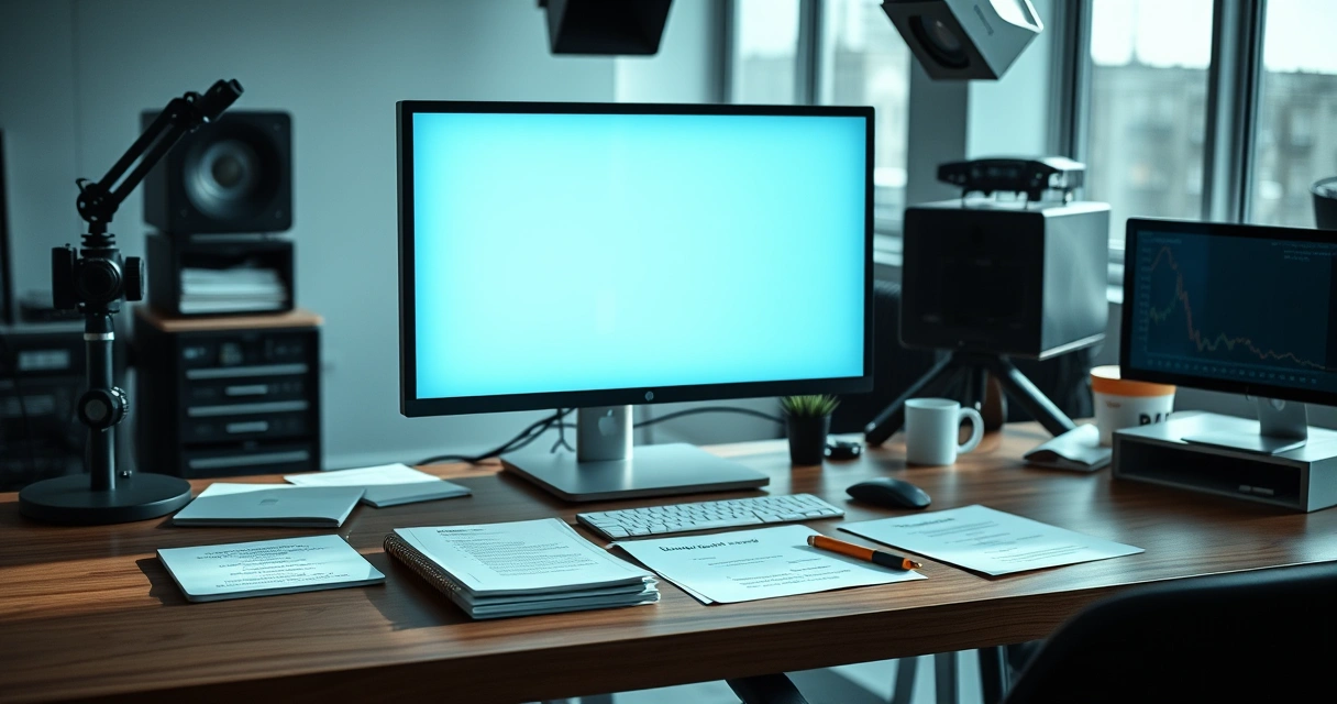 Mesa de redação com monitor e anotações, com luz do dia