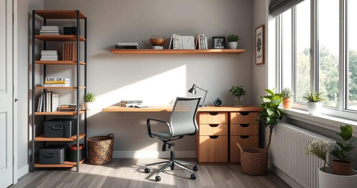Escritório compacto em casa, com mesa, cadeira e prateleiras