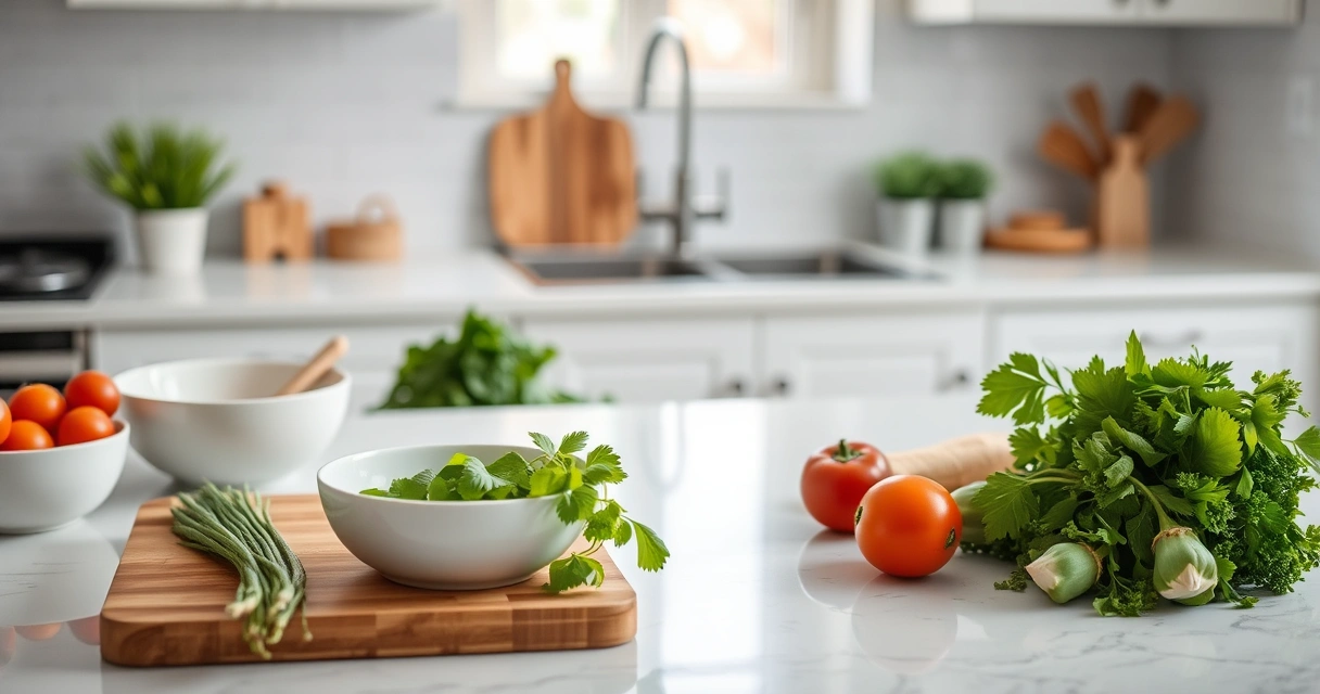 Bancada de cozinha com tábua, tigelas e legumes frescos