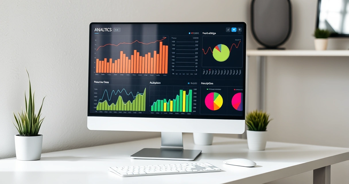 Monitor exibindo gráficos coloridos sobre uma mesa organizada