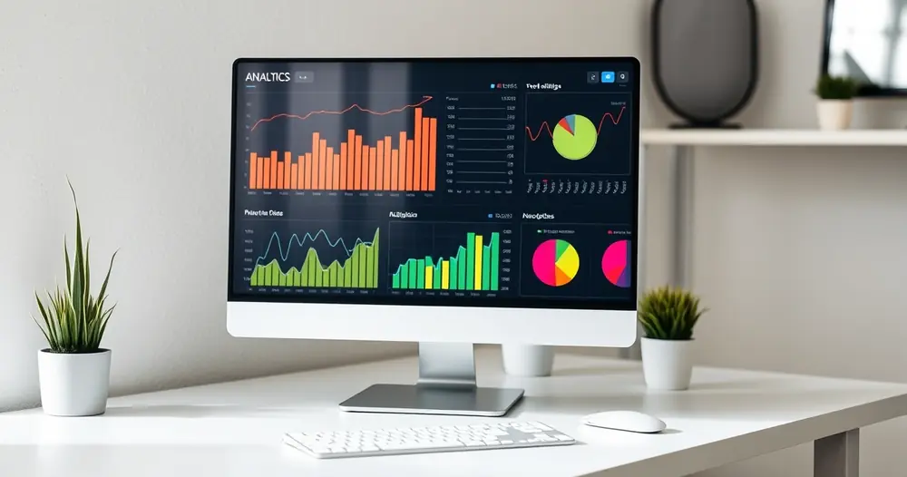 Monitor exibindo gráficos coloridos sobre uma mesa organizada