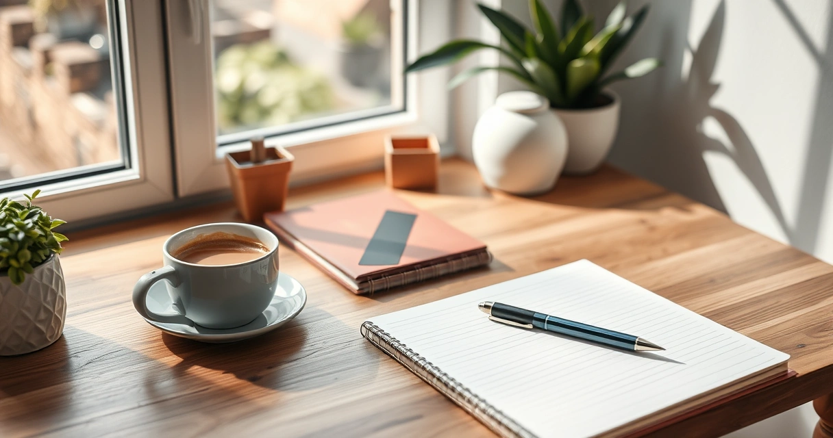 Escrivaninha organizada com caderno, caneta e xícara de café