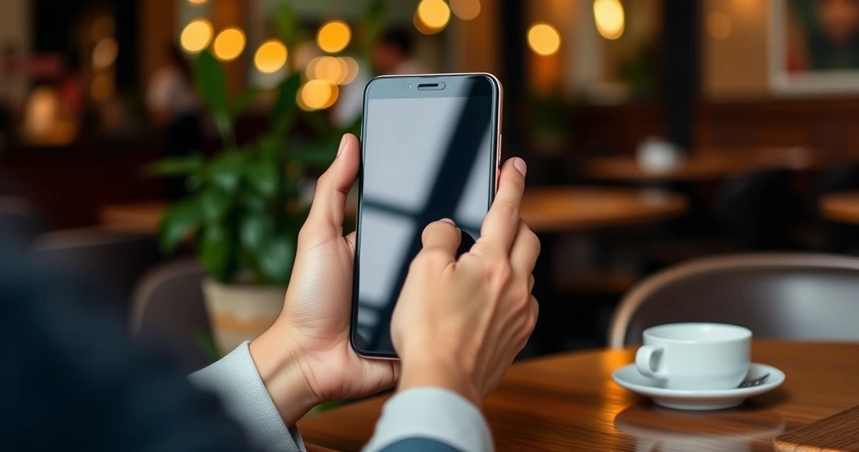 Pessoa segurando um celular na mesa de uma cafeteria
