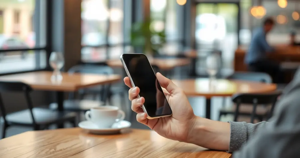 Pessoa segurando um celular na mesa de uma cafeteria