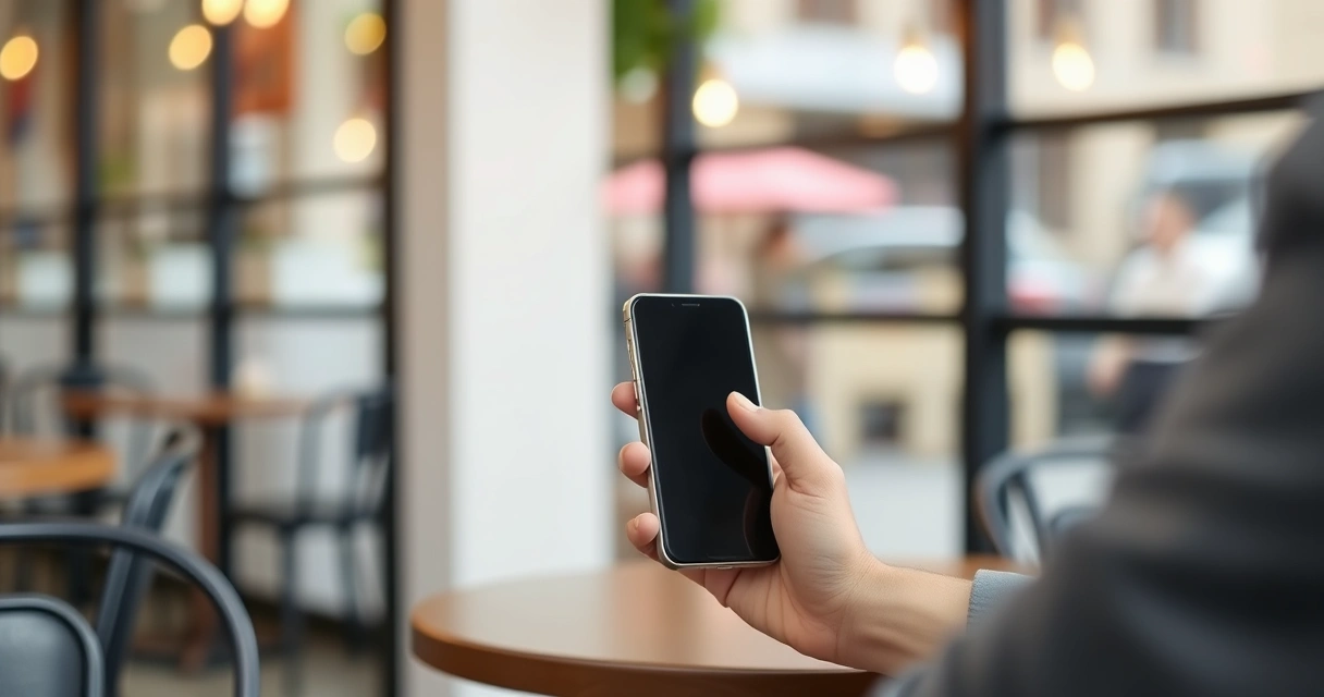 Pessoa segurando um celular na mesa de uma cafeteria