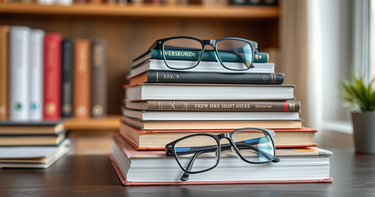 Pilha de livros e óculos de leitura sobre uma escrivaninha