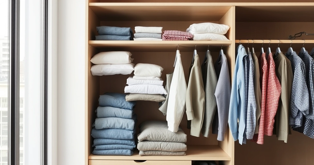 Roupas dobradas com cuidado dentro de um guarda-roupa aberto