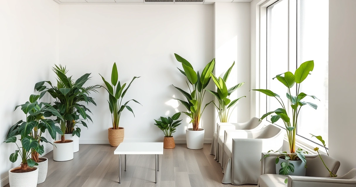 Sala de espera de consultório, com plantas e luz suave