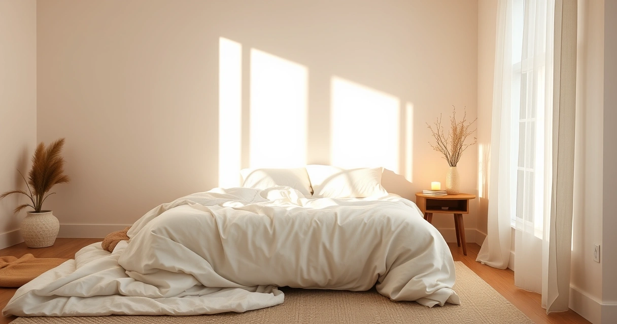 Quarto tranquilo com roupa de cama macia e luz baixa