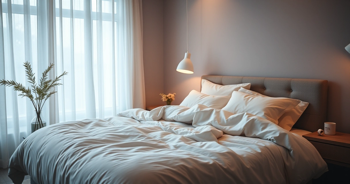 Quarto tranquilo com roupa de cama macia e luz baixa