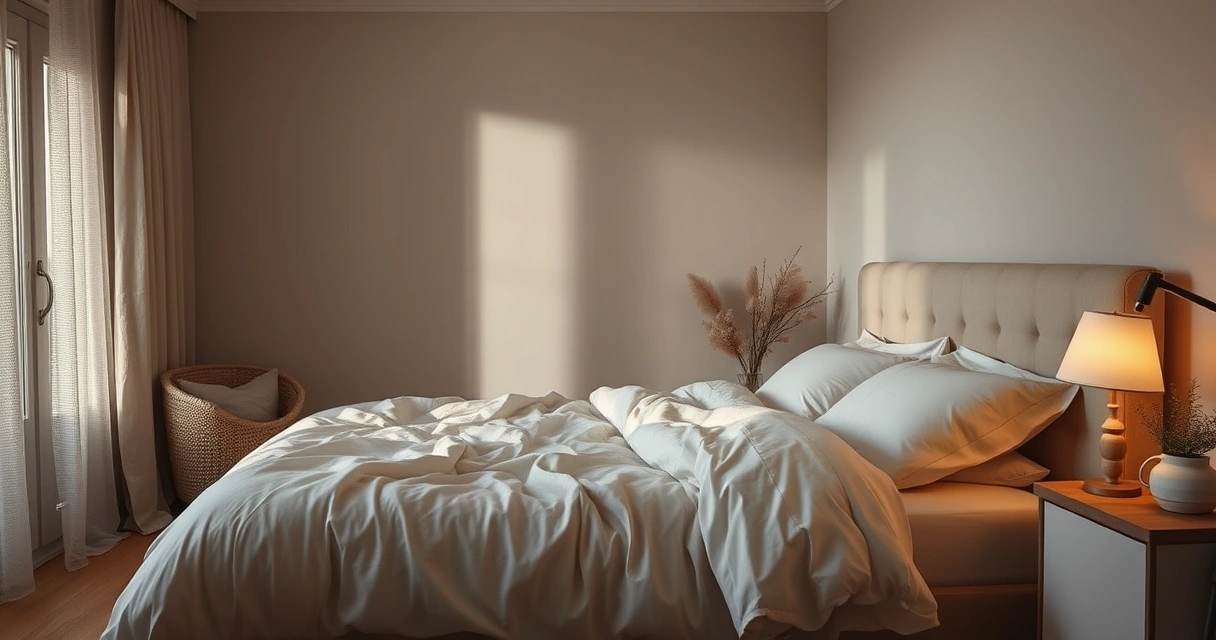 Quarto tranquilo com roupa de cama macia e luz baixa