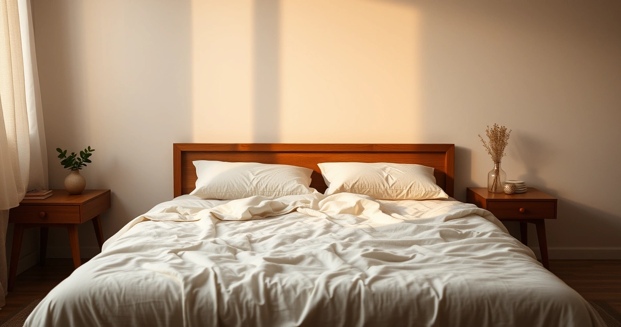 Cama arrumada com roupa de cama clara num quarto tranquilo