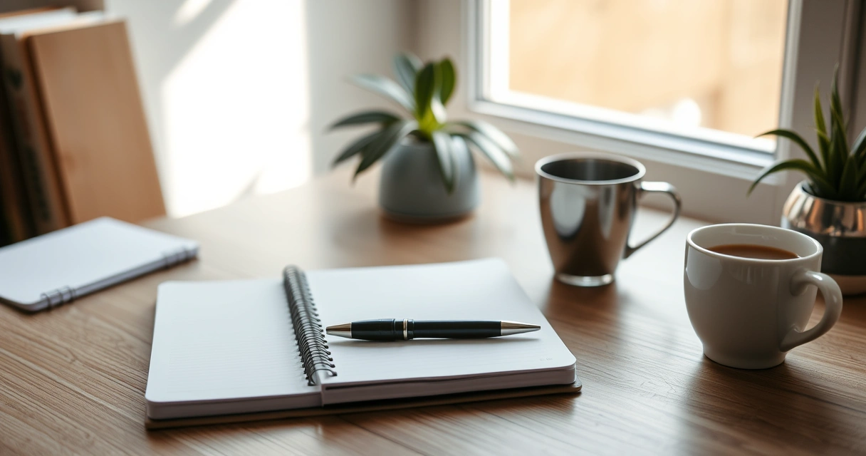 Escrivaninha organizada com caderno, caneta e xícara de café