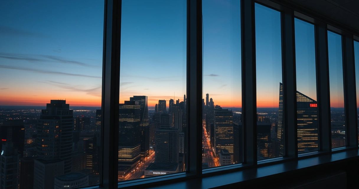Janela de escritório com vista para a cidade ao anoitecer