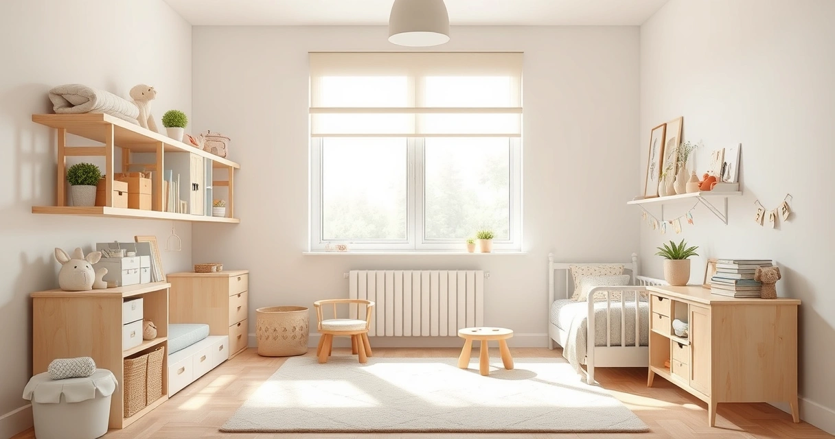 Quarto infantil arrumado, com prateleiras e cores suaves